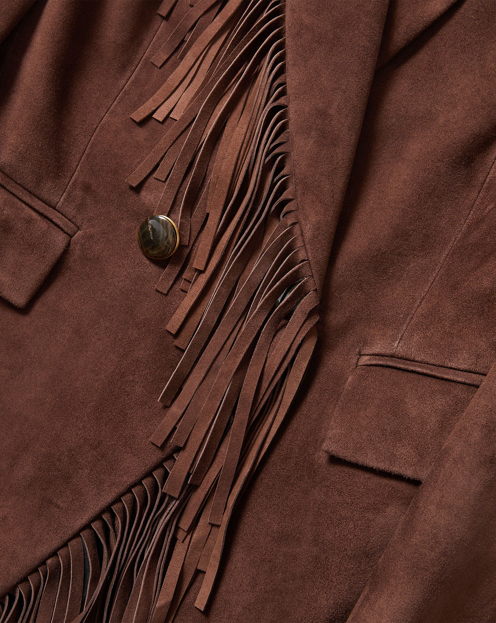Veronica Beard Brown suede blazer with fringe and button.