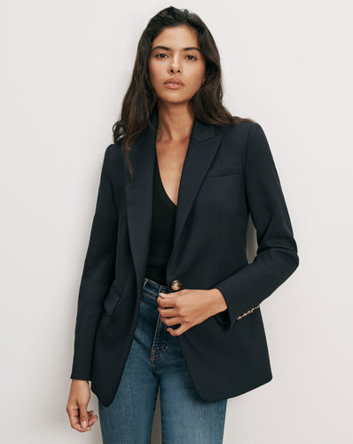 Veronica Beard Navy blazer, single-breasted, gold buttons, tailored fit.