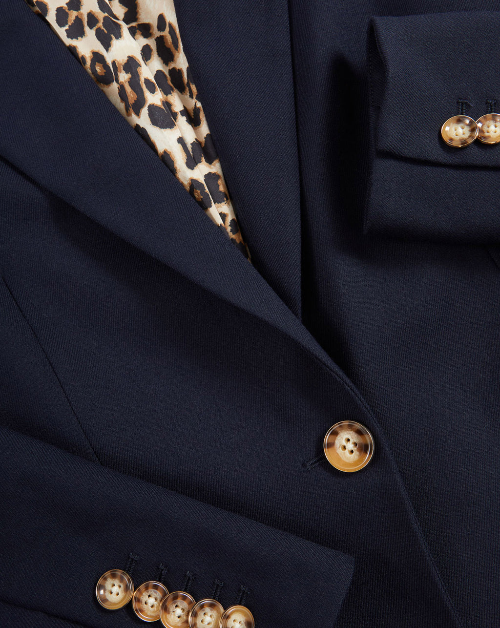 Veronica Beard Navy blazer with leopard print lining and tortoise buttons.