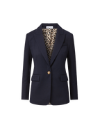 Veronica Beard Navy blazer with leopard print lining and single button.