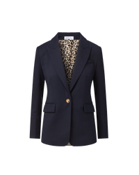 Veronica Beard Navy blazer with leopard print lining and single button.