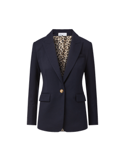 Veronica Beard Navy blazer with leopard print lining and single button.