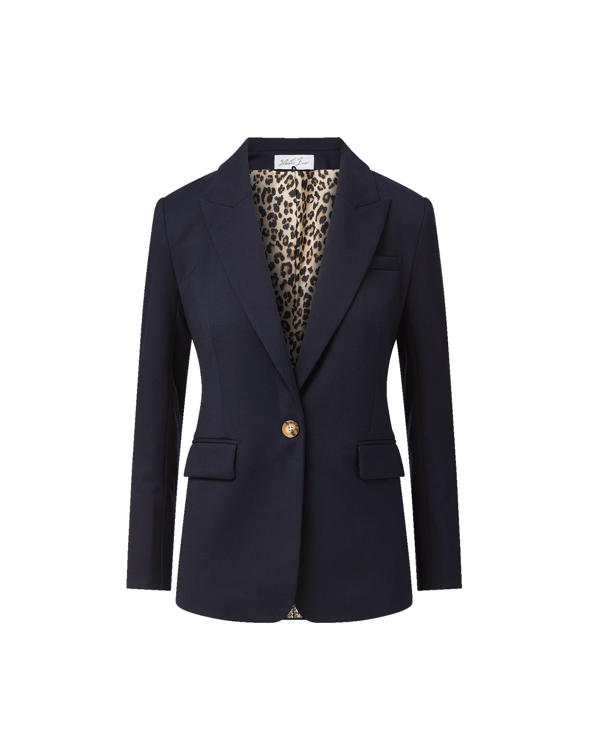 Veronica Beard Navy blazer with leopard print lining and single button.