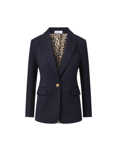 Veronica Beard Navy blazer with leopard print lining and single button.
