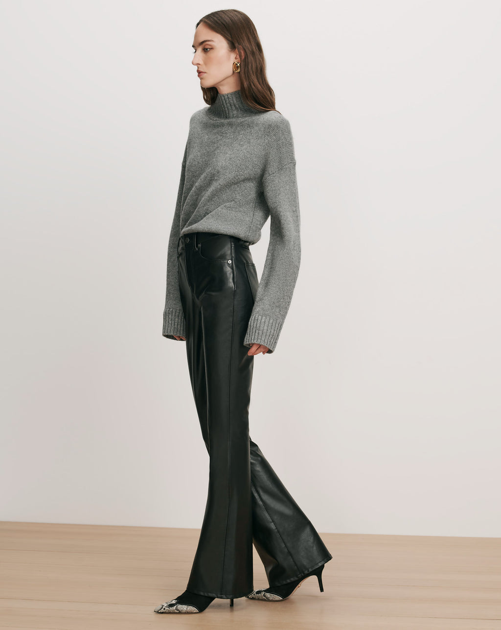 Veronica Beard Gray turtleneck sweater, black leather flared pants