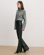 Veronica Beard Gray turtleneck sweater, black leather flared pants