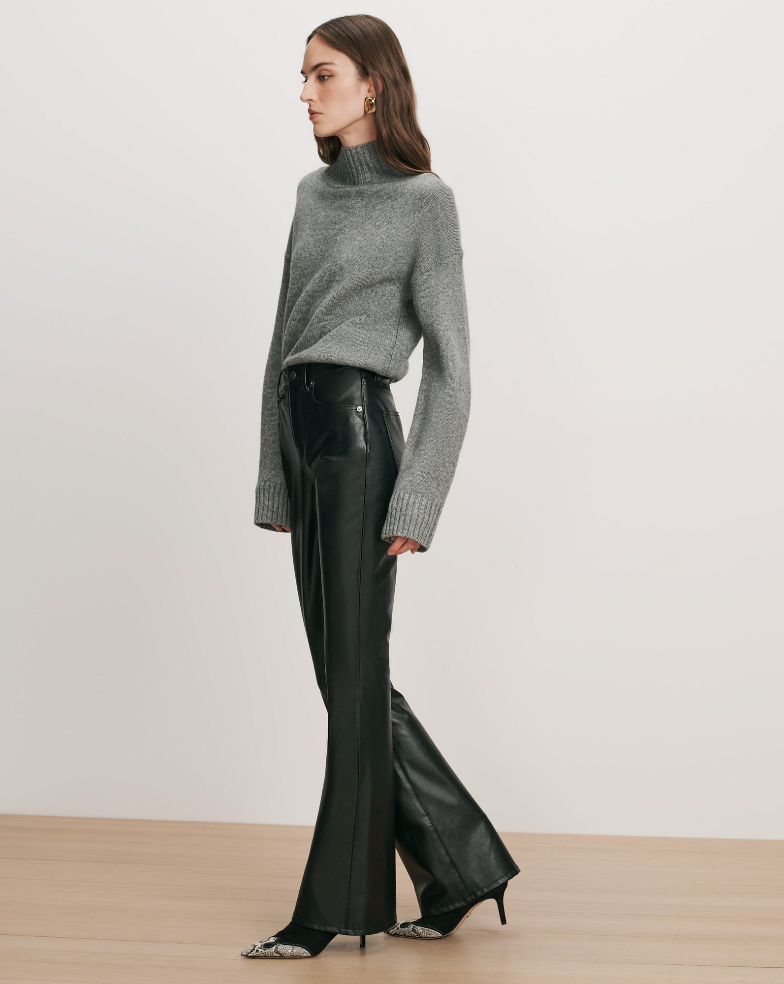Veronica Beard Gray turtleneck sweater, black leather flared pants