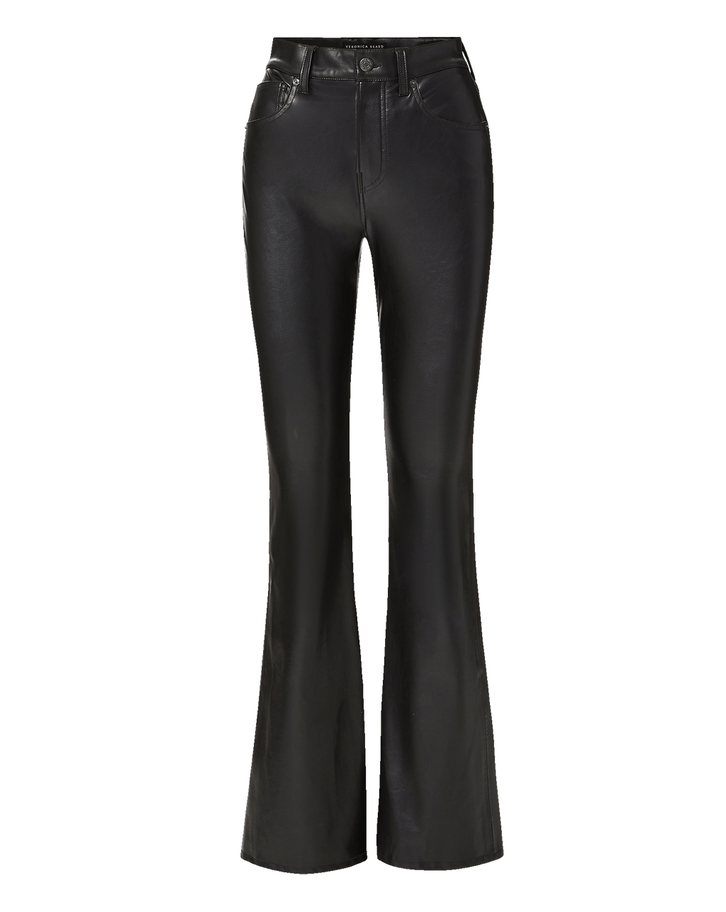 Veronica Beard Black faux leather high-waisted flared trousers.