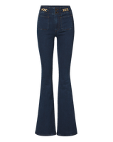 Veronica Beard Dark wash flared jeans with gold chain details
