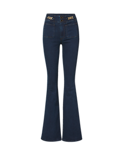 Veronica Beard Dark blue flare jeans with chain waistband detail.