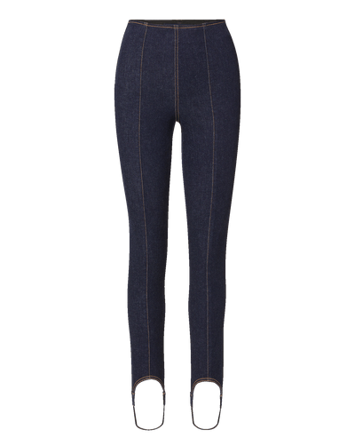 Veronica Beard Dark blue denim leggings with contrast stitching.