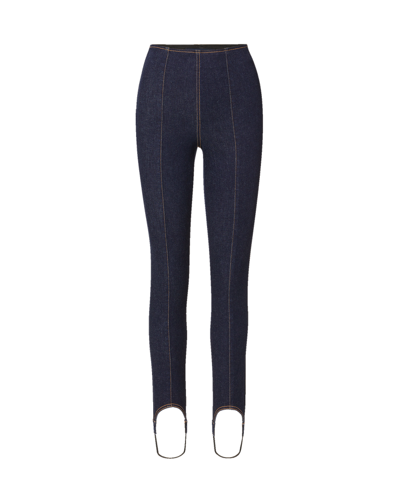 Veronica Beard Dark blue denim leggings with contrast stitching.