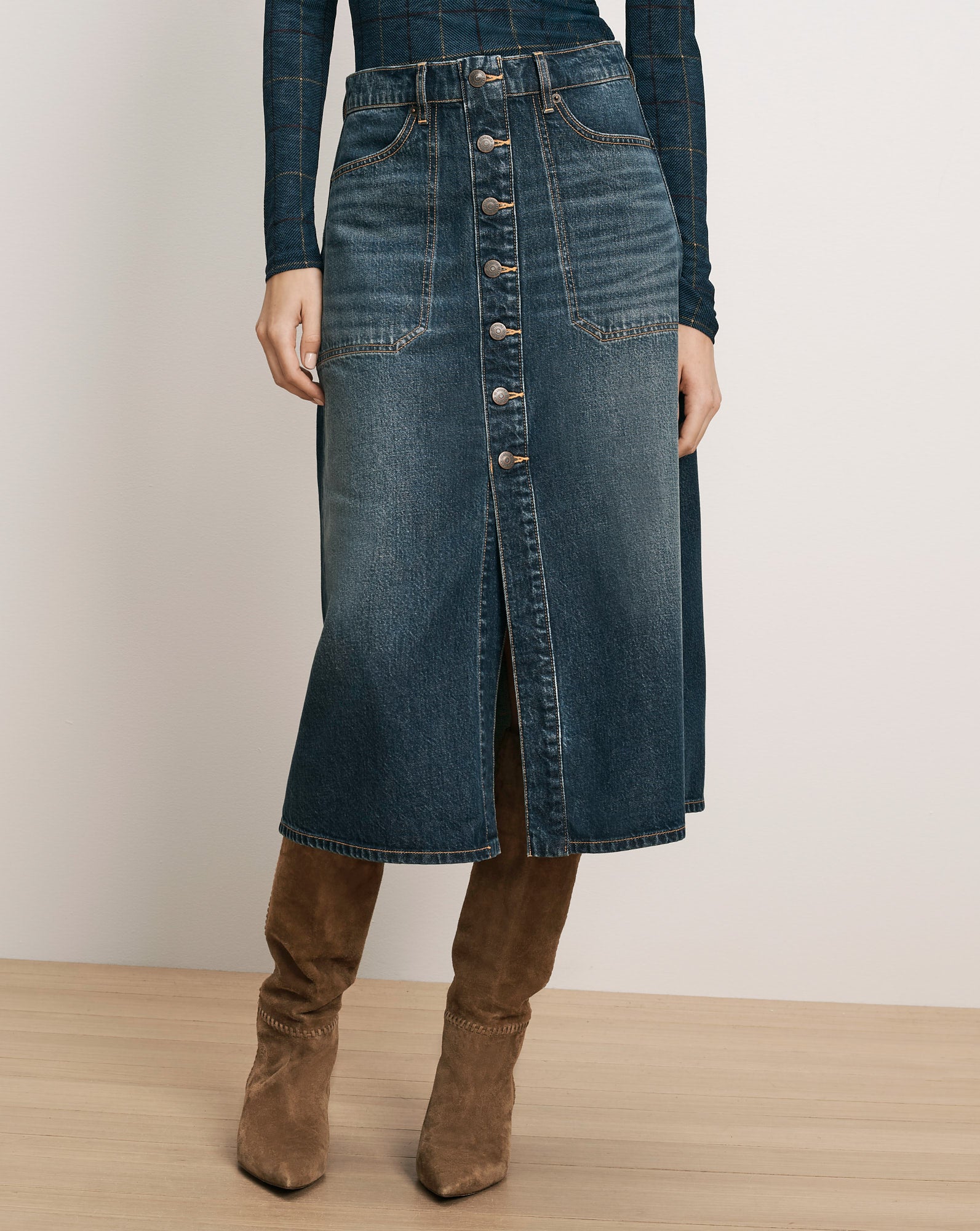 Hathaway Denim Maxi Skirt in Blue Denim | Veronica Beard