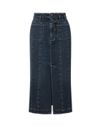 Veronica Beard Blue denim midi skirt with front slit.