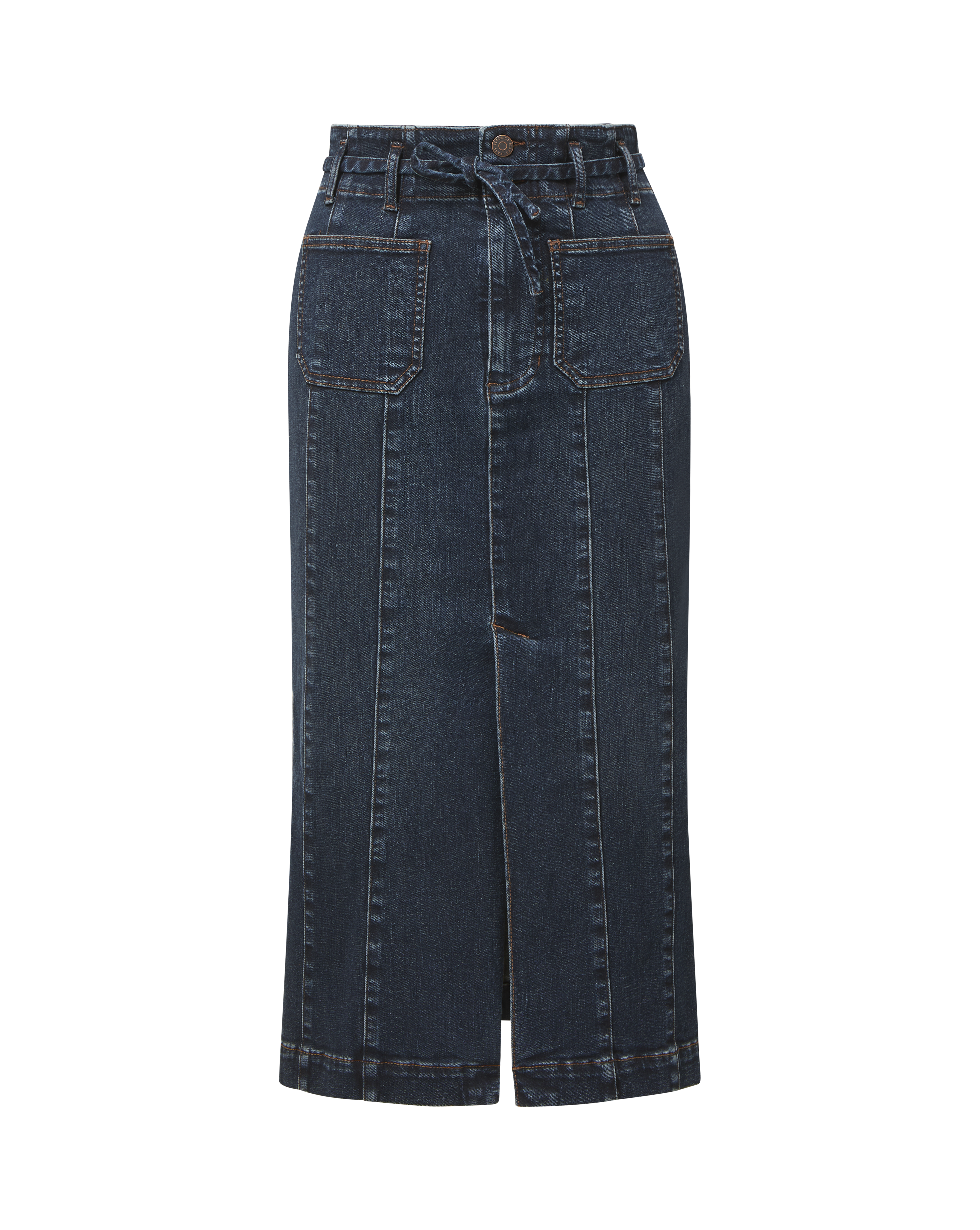 Veronica Beard Blue denim midi skirt with front slit.