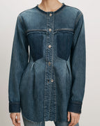 Veronica Beard Blue denim tunic, long sleeves, button front, pleated waist.