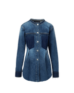 Veronica Beard Blue denim button-down jacket with contrasting dark panels.