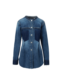 Veronica Beard Blue denim button-down jacket with contrasting dark panels.
