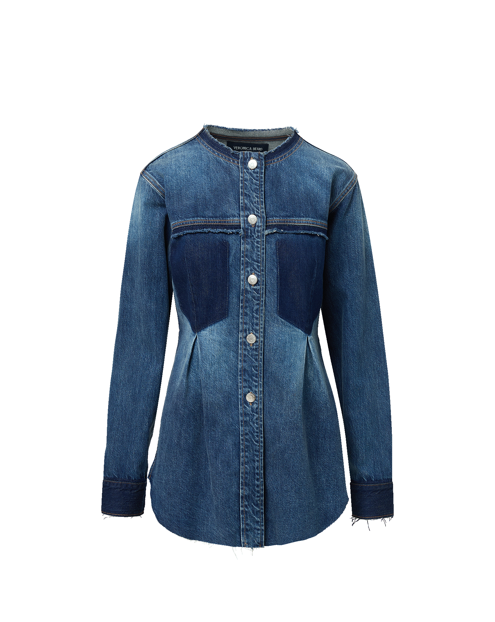 Veronica Beard Blue denim button-down jacket with contrasting dark panels.