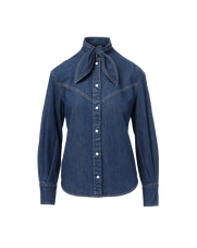 Veronica Beard Blue denim shirt with a pussy-bow collar.