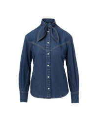 Veronica Beard Blue denim shirt with a pussy-bow collar.