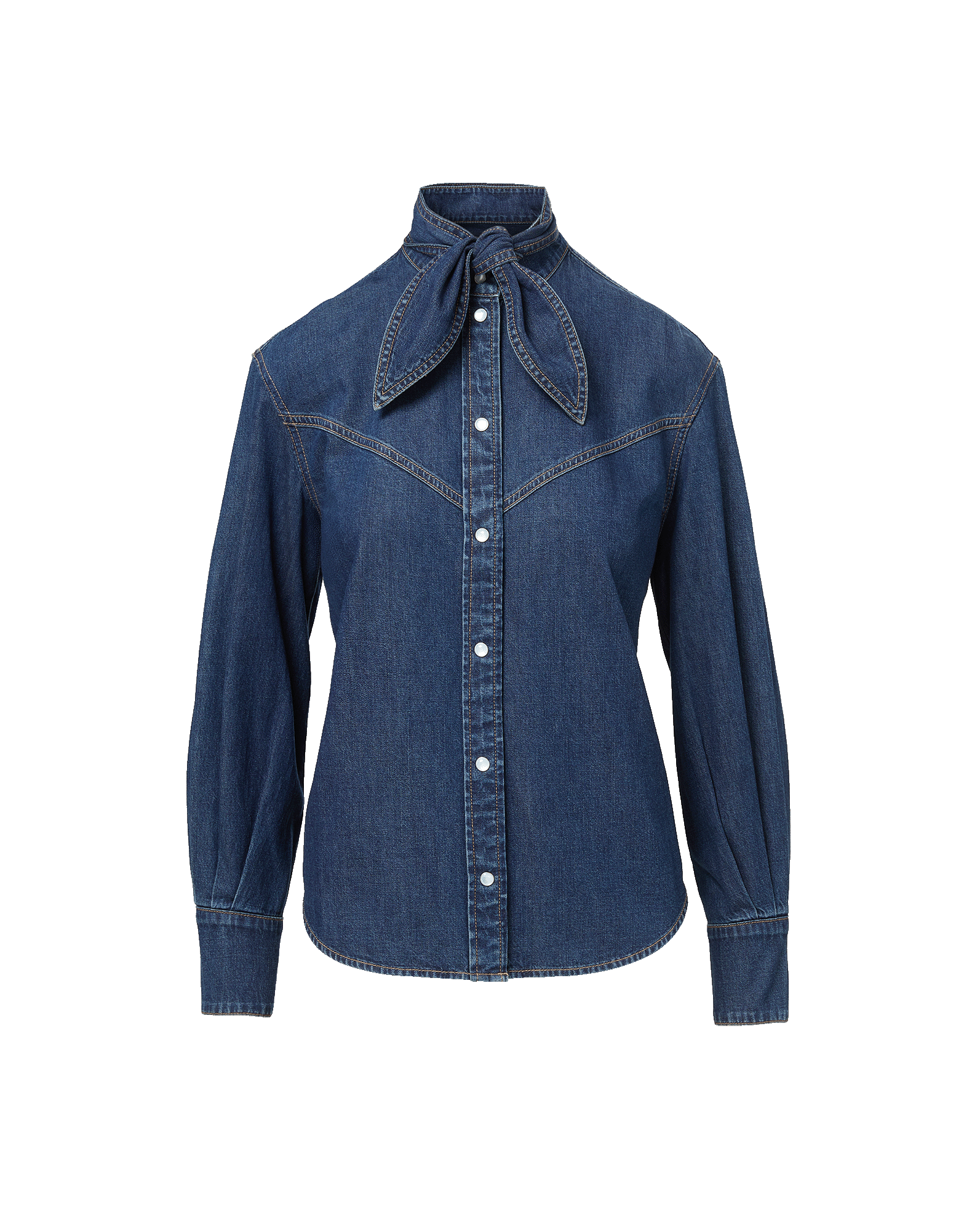 Veronica Beard Blue denim shirt with a pussy-bow collar.