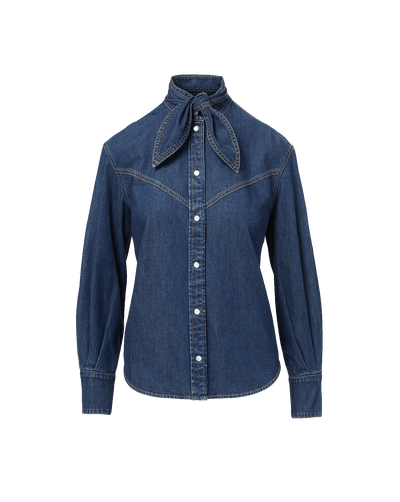 Veronica Beard Blue denim shirt with a pussy-bow collar.