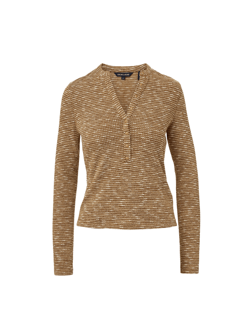 Veronica Beard Brown and white textured long-sleeve henley shirt.