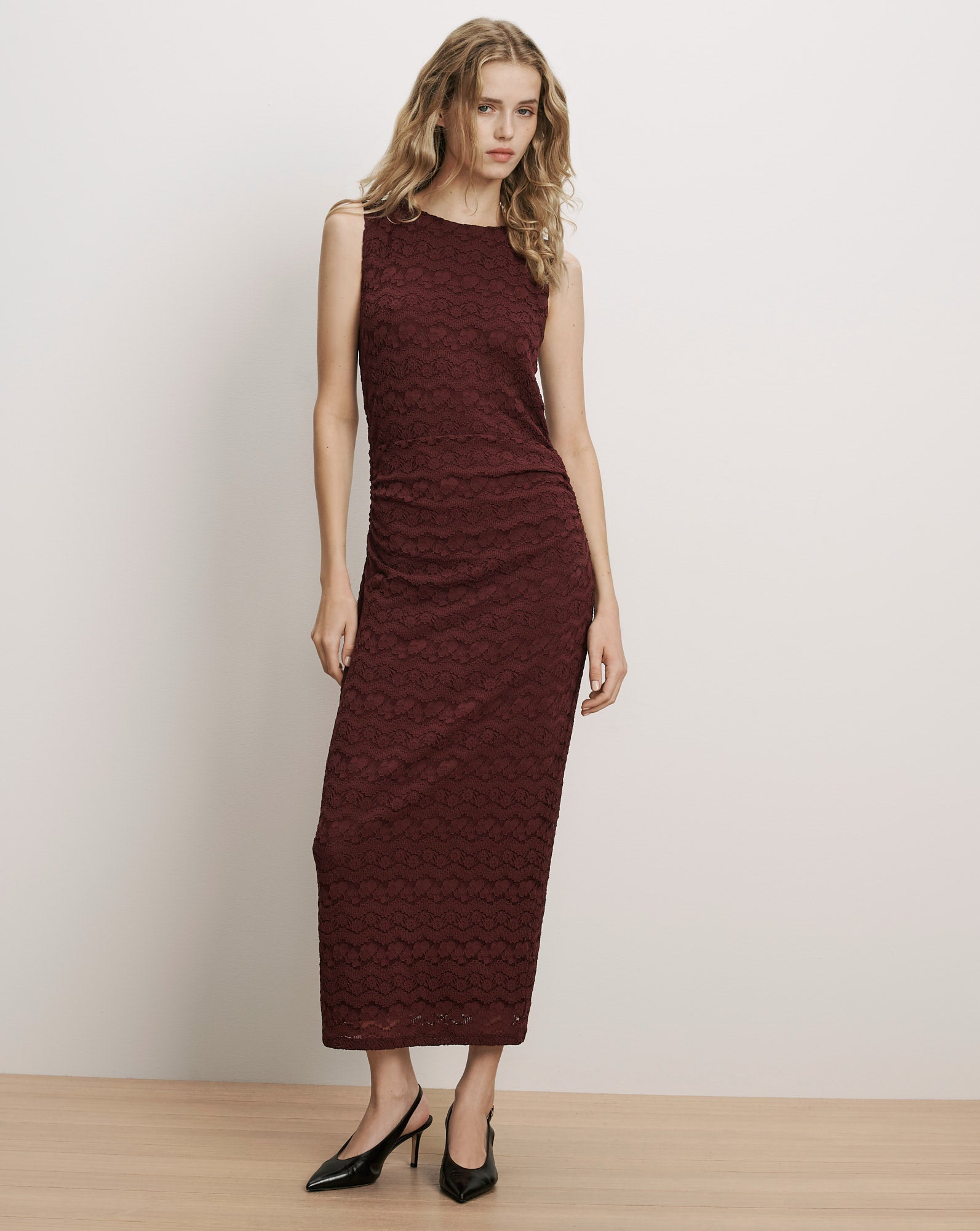 Veronica Beard Burgundy lace midi dress with sleeveless sheath silhouette.