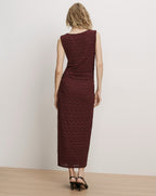 Veronica Beard Burgundy lace sleeveless midi dress with fitted silhouette.