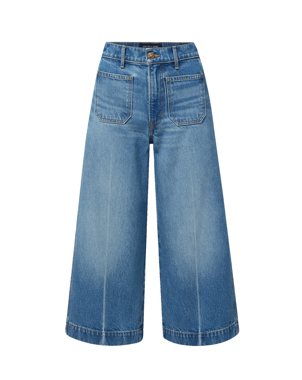 Veronica Beard Blue denim wide-leg cropped jeans with patch pockets.