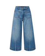 Veronica Beard Blue denim wide-leg cropped jeans with patch pockets.