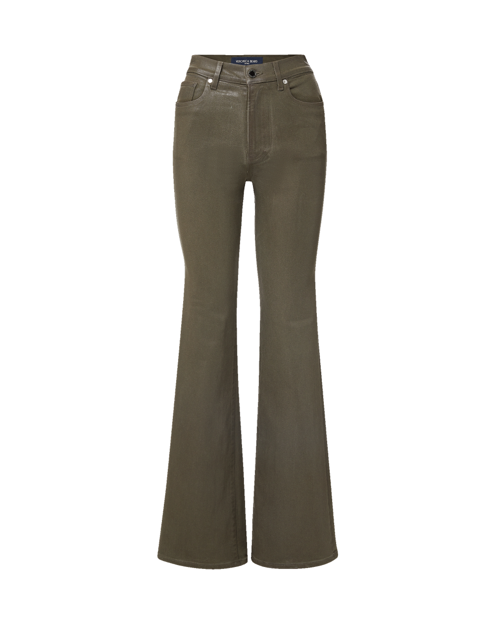 Veronica Beard Olive green flare coated denim jeans.