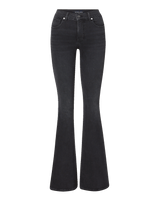 Veronica Beard Black flared jeans, high-waisted, with front pockets.