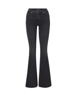Veronica Beard Black flared jeans, high-waisted, with front pockets.