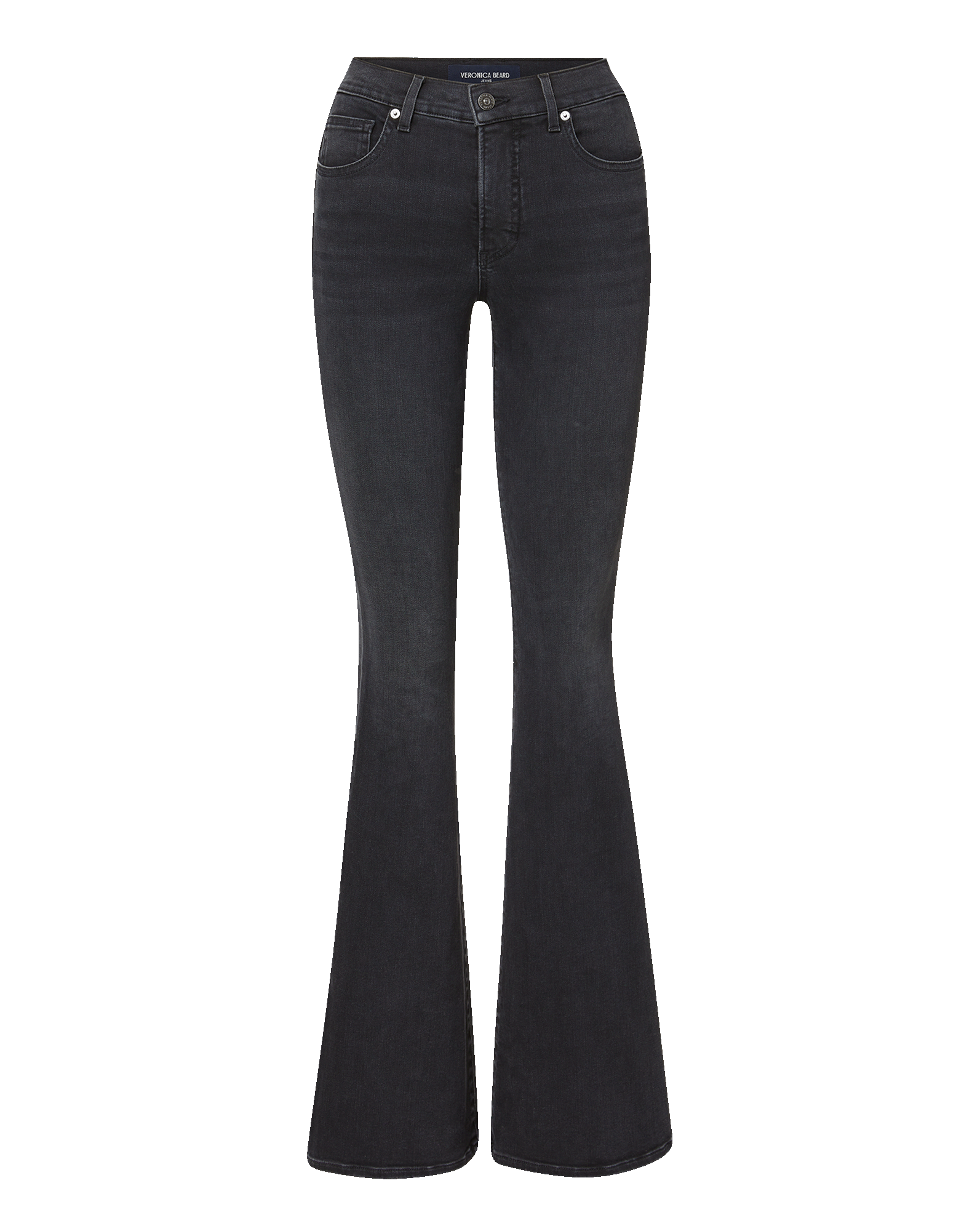 Veronica Beard Black flared jeans, high-waisted, with front pockets.