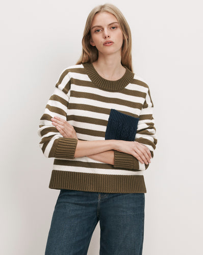 Veronica Beard Olive and white striped knit sweater with navy pocket.