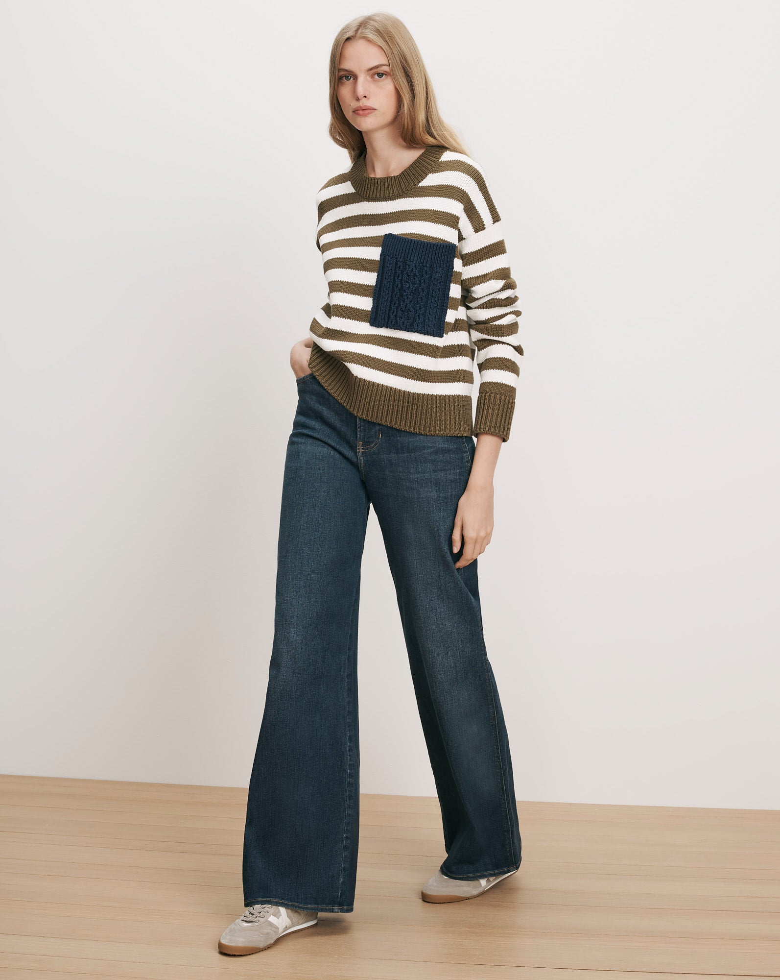 Veronica Beard Striped sweater with a navy knit pocket and wide-leg jeans.