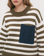 Veronica Beard Striped knit sweater with blue cable-knit pocket.