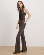 Veronica Beard Brown satin tank top and brown leather flare pants.