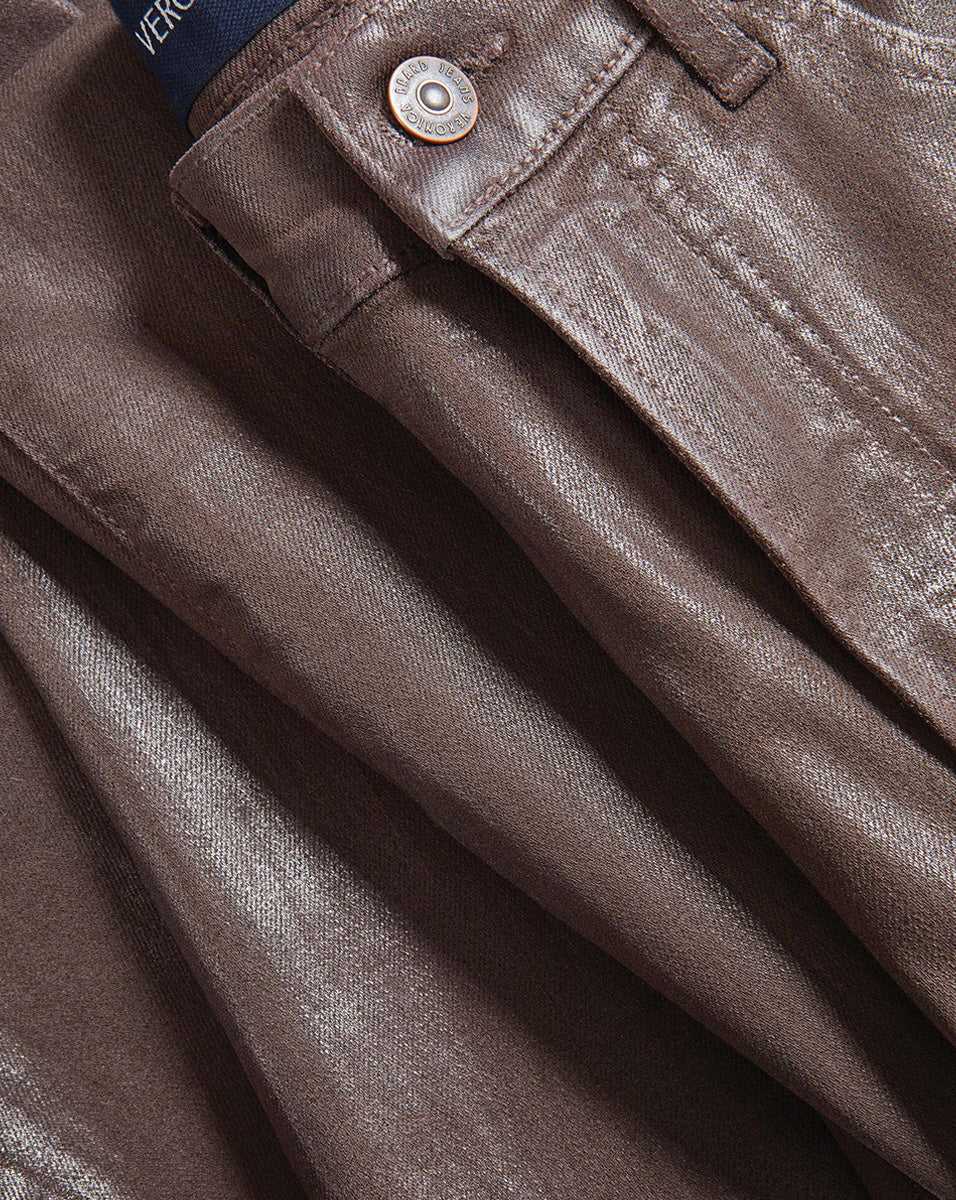 Veronica Beard Brown coated denim pants with button closure.