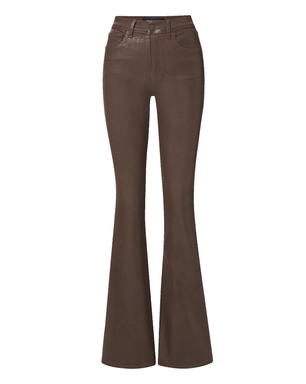Veronica Beard Brown flare pants with coated denim finish.