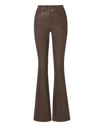 Veronica Beard Brown flare pants with coated denim finish.