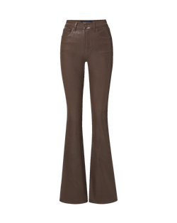 Veronica Beard Brown flare pants with coated denim finish.