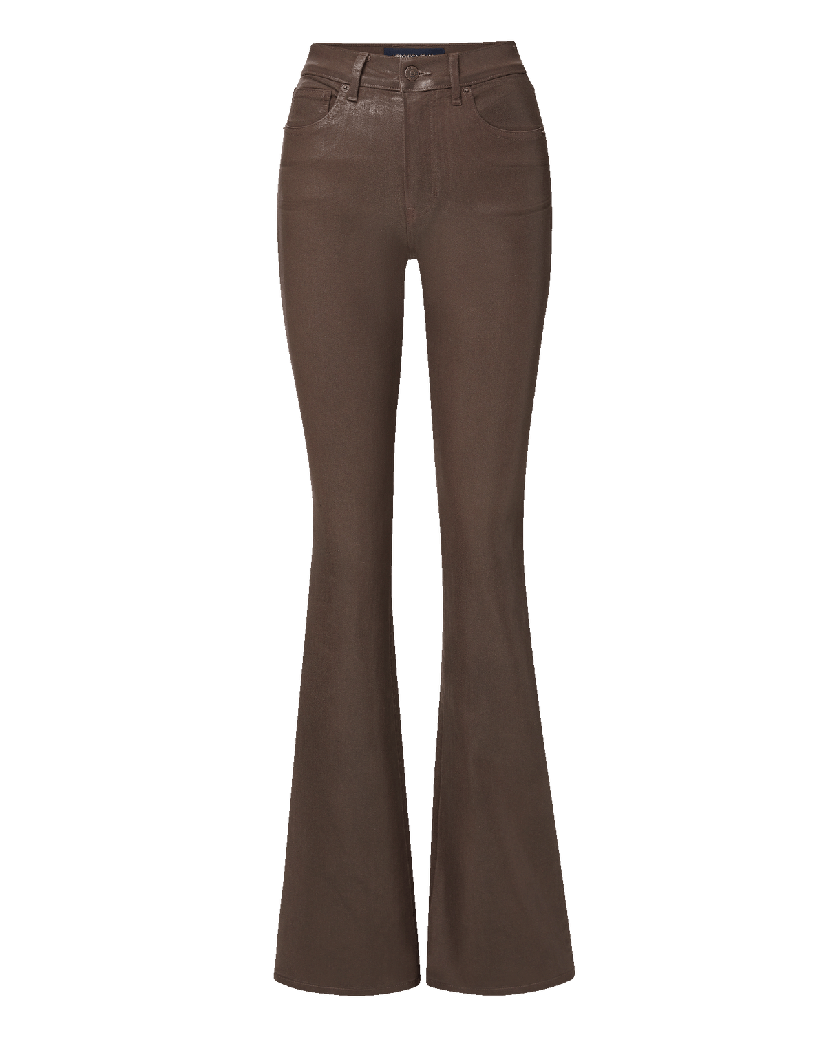 Veronica Beard Brown flare pants with coated denim finish.
