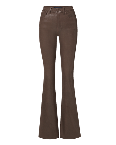 Veronica Beard Brown flare pants with coated denim finish.