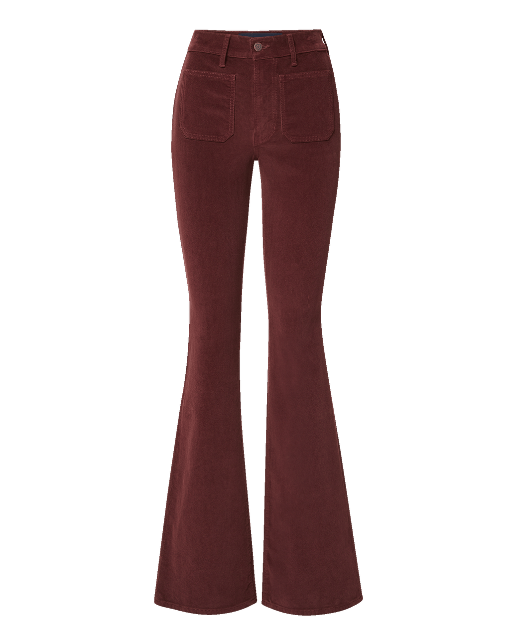 Veronica Beard Burgundy corduroy flared pants with front patch pockets.