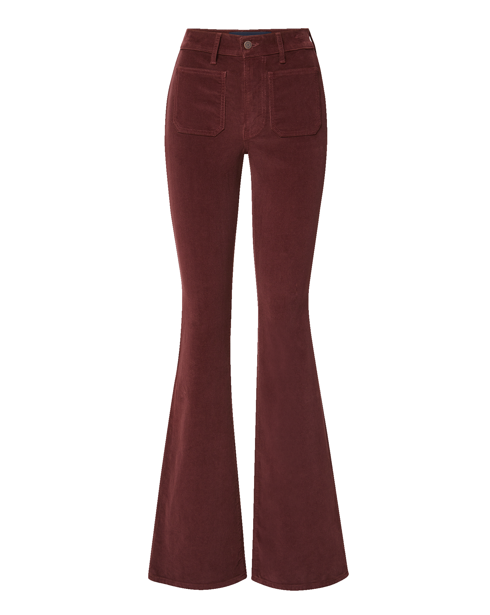 Veronica Beard Burgundy corduroy flared pants with front patch pockets.