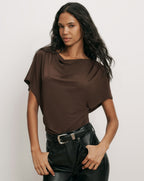 Veronica Beard Brown short-sleeve top with draped cowl neckline.