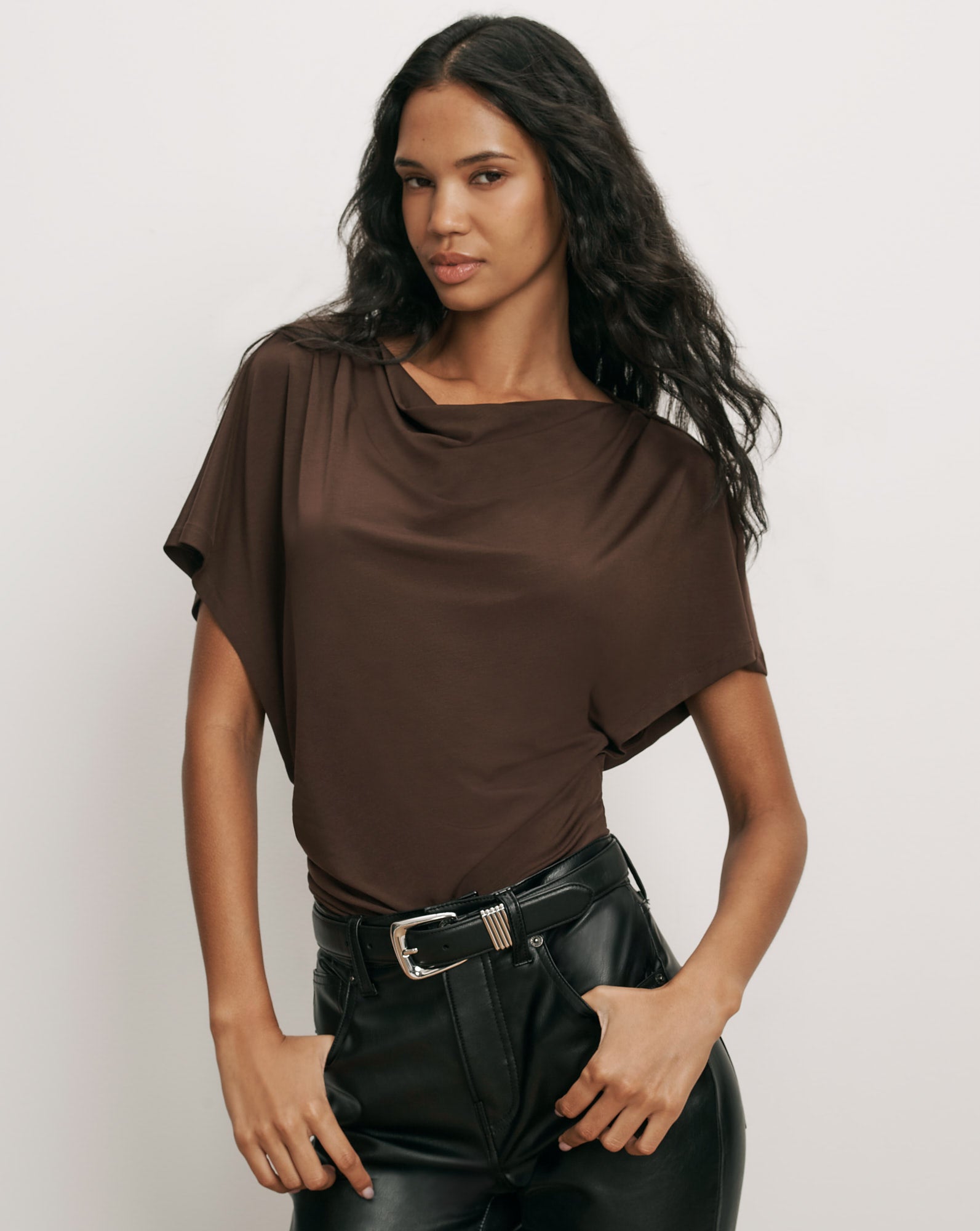 Veronica Beard Brown short-sleeve top with draped cowl neckline.